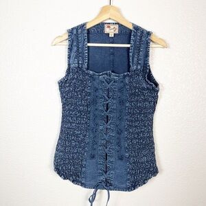 Scully Women’s Size Medium Western Boho Cantina Lace Up Smocked Tank Top in Blue